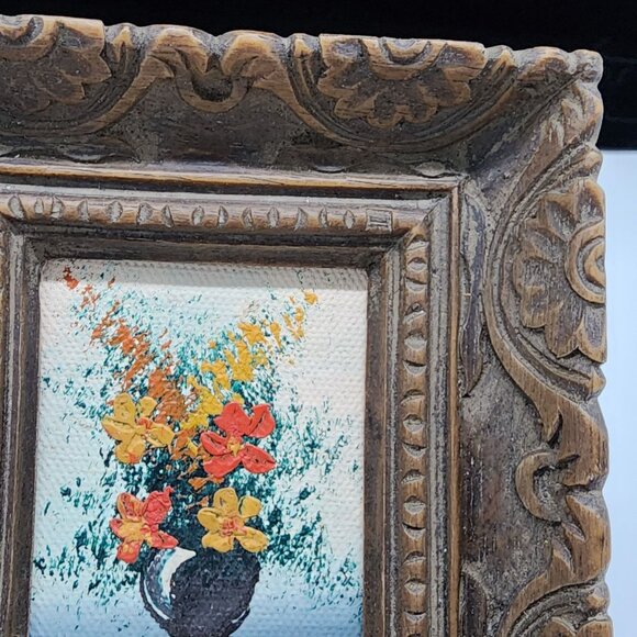 Antique Ornate Wooden Carved Picture Frame With Oil Painting 2x2.25" - Picture 4 of 13